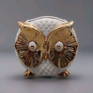 Vintage ENESCO White & 18K Gold Owl Planter Decor